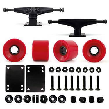 Imagem de Caminhão e roda VJ Skateboard, 5.0 caminhões de skate 127 mm caminhões com roda de skate de 60 mm, rolamentos de skate, parafusos de skate, almofadas de suporte de skate, black truck w/ red wheel