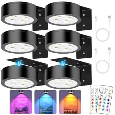 Imagem de SIXDEFLY Luz de exibição de arte LED com mudança de cor 13 RGB para moldura, luz de pintura LED recarregável operada por bateria com controle remoto regulável e temporizador, pacote com 6, preto