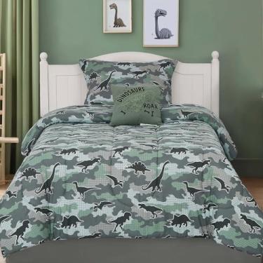 Imagem de Wink Deer Conjunto de edredom solteiro para meninos, 3 peças, dinossauro, que brilha no escuro, 1 edredom, 1 fronha e 1 travesseiro decorativo