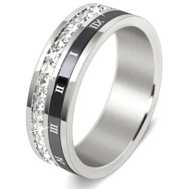 Imagem de DURSI Anel giratório masculino para mulheres, numerais romanos, aço inoxidável, anel fidget para ansiedade com zircônia cúbica (prata, preto, tamanho 13), Aço inoxidável, Zircônia cúbica