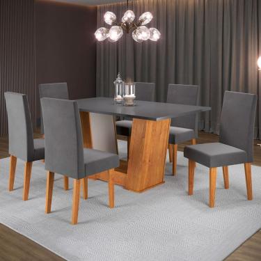 Imagem de Mesa de Jantar 6 Lugares Grazi Marrom/Cinza/Veludo Grafite - Pnr Móveis