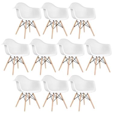 Imagem de Kit 10 Cadeiras Charles Eames Eiffel Daw Com Braços E Pés De Madeira Clara Branco