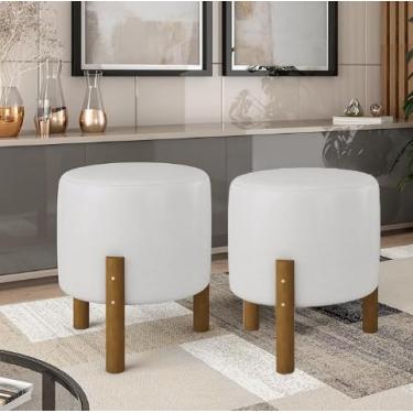 Imagem de Kit 2 Puff Banquinho Redondo Decorativo P/Sala Apolo em Courino Pés Madeira Maciça Cor Branco