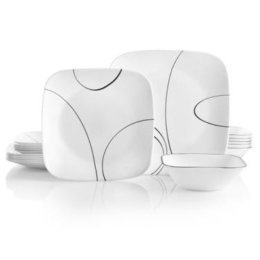 Imagem de Corelle Conjunto de 18 peças para 6 utensílios de jantar de camada tripla resistente a lascas, conjunto de pratos e tigelas quadradas leves, linhas simples
