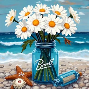 Imagem de Huacan Kit de pintura de diamante 5D para adultos, flores, broca redonda, tela DIY com arte de diamante, cristal, strass, bordado, ponto cruz, decoração de parede para casa 11,8 x 11,8 pol/30 x 30 cm