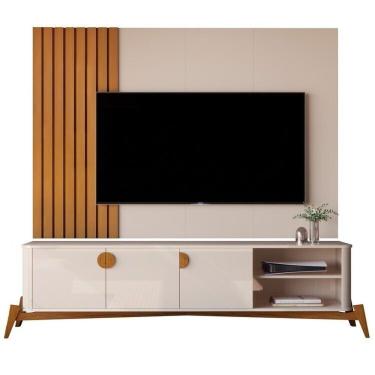 Imagem de Painel Boto Ripado + Bancada Buriti Curva Com Pés E Puxadores Em Madeira Maciça Off White