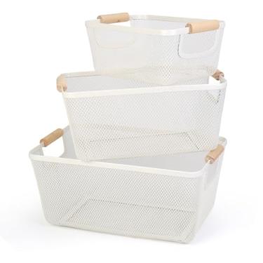 Imagem de Cesta de malha de metal com cabo de madeira, grande, médio, pequeno, adequado para cozinha, bar, sala de estar, banheiro, etc. Armazenamento e organização (preto, branco, roxo) (branco)