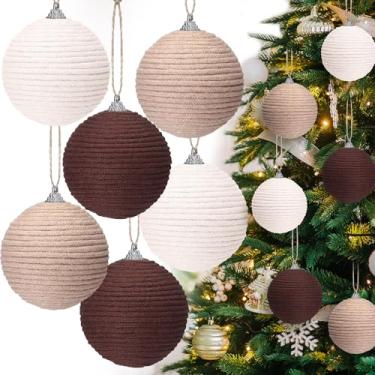Imagem de Syhood 6 peças de enfeites de bola de Natal Boho Farmhouse juta corda pendurada bolas de Natal de serapilheira ornamentos rústicos neutros para guirlanda de árvore de Natal (8,5 cm, branco, bege
