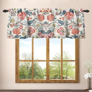 Imagem de Renaiss 132 x 45,7 cm, ramo floral vermelho, saia de cozinha, estilo clássico americano, cortina de tratamento de plantas para janela pequena, filtro de luz rural Farmhous Cortina de janela com bolso