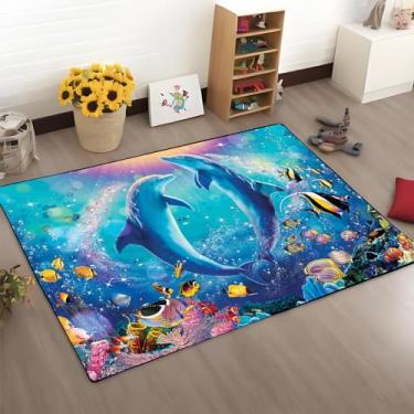 Imagem de Tapete antiderrapante com estampa de tartarugas golfinhos azuis, praia, oceano, azul-petróleo, tema marinho, tapete antiderrapante, quarto, sala de estar, sofá, berçário, decoração (mar-7, 100 cm x