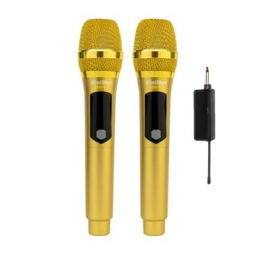 Imagem de Microfone Sem Fio Profissional Duplo Recarregável - Kit com 2 Unidades de Mão UHF Dinâmico Receptor USB Karaokê Palestras Igrejas Apresentações Eventos Wireless Portátil Alto Alcance (DOURADO)