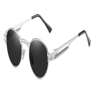 Imagem de Óculos de sol redondos retrô dourados, vintage, masculino, verão, metal, punk, óculos de sol para mulheres, oval, anti-luz azul, uv400, unissex, prata com preto, C