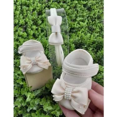 Imagem de Sapatinho de bebê Com Tiara De Laço - Sapatilha Boneca Feminina Batiza