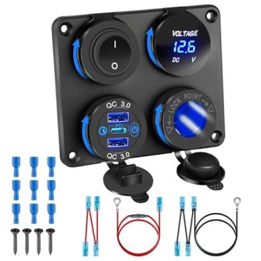 Imagem de Painel de carregador USB de 12 V com portas PD 30W e dupla QC3.0 18W: tomada USB 4 em 1 de alumínio à prova d'água, soquete de isqueiro de 150 W, voltímetro de LED, interruptor basculante para barco