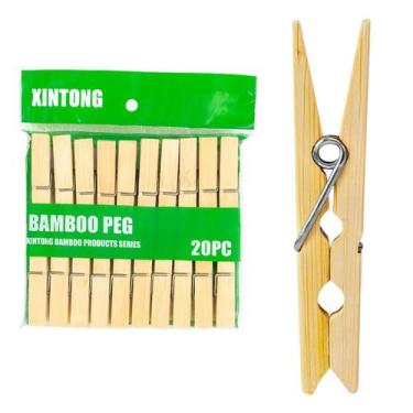 Imagem de Kit 20 Pregadores Prendedor de Roupa de Bambu 6cm Mola Metálica Susten