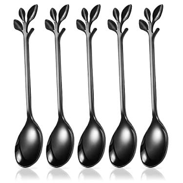 Imagem de Colheres de café pretas, colheres de sorvete de aço inoxidável da IFeico, colher de mexer Demitasse de 12 cm, bordas lisas, pode ser lavada na lava-louças, mini colheres de açúcar de folha para sobremesa, festas de família, pacote com 5
