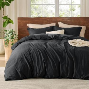 Imagem de Capa de edredom Bedsure 100% algodão lavado Queen Size preta