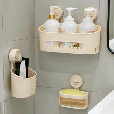 Imagem de suntree Conjunto organizador de chuveiro 3 em 1 com ventosa – prateleira de banheiro sem broca, saboneteira e suporte de escova de dentes, design de drenagem – branco creme