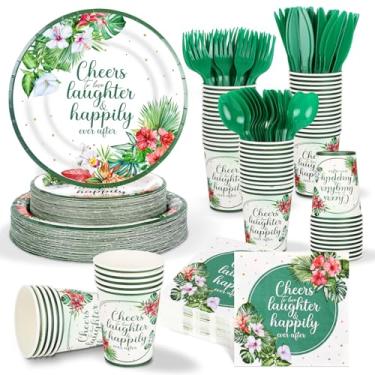 Imagem de 350 peças de prato de papel tropical para chá de panela, folha de palmeira, copo de guardanapo, flor de hibisco, conjunto de talheres descartáveis com facas, garfo, brinde de festa de despedida de