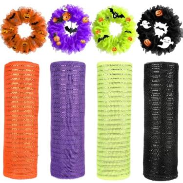 Imagem de 4 rolos de fita de malha de Halloween para grinalda de 25,4 cm x 7,6 m de malha decorativa de Halloween decorativa, folha metálica, rolos de fita de malha decorativa para porta da frente, grinalda