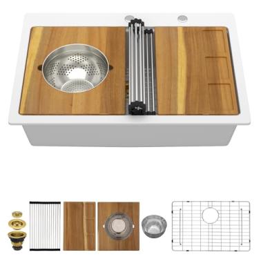 Imagem de Talllor Pia de cozinha composta de granito de 83 polegadas - Pia de cozinha de granito de 84 cm x 56 cm, estação de trabalho de quartzo branco com acessórios de luxo #TLGT-114