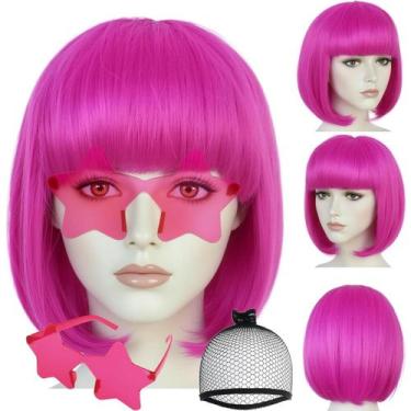 Imagem de Boné de cabelo ANOGOL + (óculos de sol) Peruca Bob rosa vermelha com f