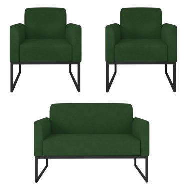 Imagem de Kit Namoradeira e 2 Poltronas Decorativas Base Industrial Preta Maressa S23 Suede Verde - Ibiza