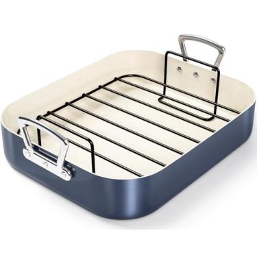 Imagem de MICHELANGELO Assadeira de cerâmica com rack, assadeira de peru com revestimento de cerâmica antiaderente, assadeira de peru profunda, 38 cm x 33 cm - azul embaçado