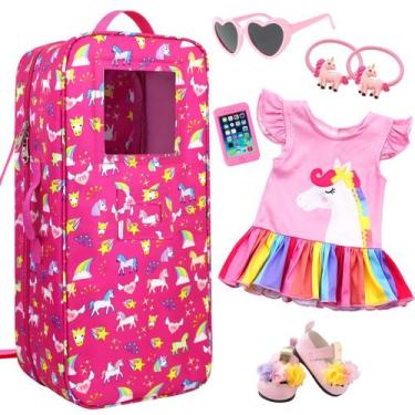 Imagem de Porta-bonecas Ecore Fun Unicorn de 18 polegadas com acessórios 7 peças