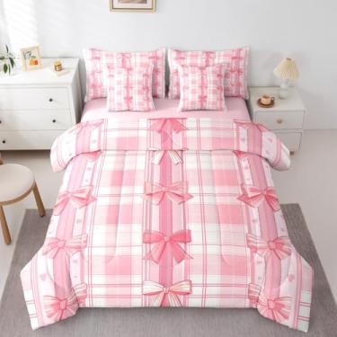 Imagem de Erosebridal Jogo de cama solteiro com laço, 7 peças, listras, rosa, xadrez, geométrico, coração, amor, princesa, kawaii, conjunto de cama feminino