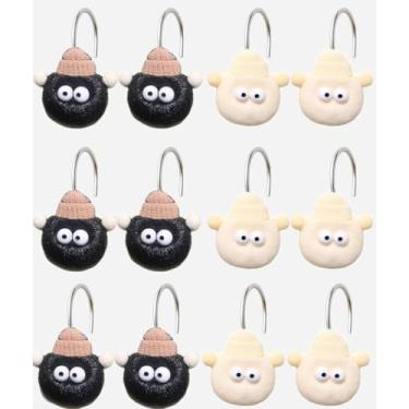 Imagem de YOINIUEM Lindos ganchos de cortina de chuveiro preto e branco briquete conjunto de 12, design de briquete de resina para adultos e crianças, anéis decorativos de cortina de banheiro, fácil de instalar