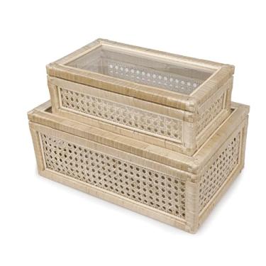 Imagem de POPRHINO Caixa decorativa de vime com tampas, conjunto de 2 caixas decorativas retangulares para decoração de casa, estojo de tecido de vime para exibição, decoração de armazenamento de vime