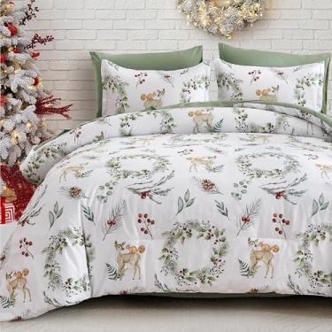 Imagem de Conjunto de capa de edredom de Natal, tamanho Queen, conjunto de cama com tema de guirlanda de Natal verde, cervo, esquilo, pinha, festival, estampa reversível, para meninas, meninos, quarto de