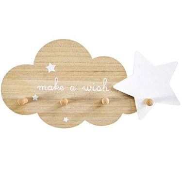 Imagem de Cabide de parede em forma de estrela de nuvem, gancho de madeira para quarto, decoração de parede criativa de desenho animado, prateleira de armazenamento de quarto de meninos, suporte de carga 10 kg