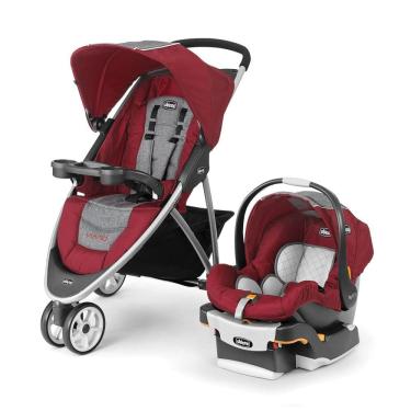 Imagem de Carrinho de Bebê Travel System de 3 Rodas com Cesto Grande de Fácil Acesso, Capota Ajustável e Removível, Chicco Viaro, Cinza e Vermelho