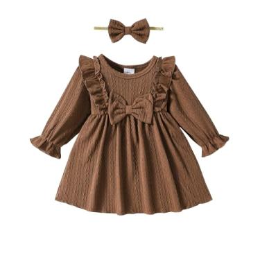 Imagem de Mioglrie Baby Toddler Girls Dress Toddler Girls Long Ruffle Sleeve Dresses 12-18 Months Dresses Baby Girl Clothes Fall Winter Outfits Brown Dress
