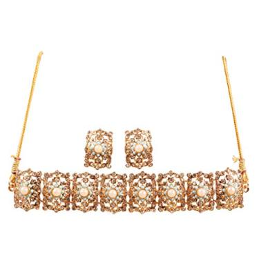 Imagem de Conjunto de gargantilhas femininas de diamante branco de bollywood com diamante e mughal indiano dourado da coleção Mughal Jali da Touchstone