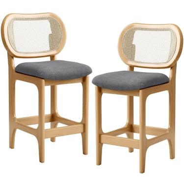 Imagem de Kit 2 Banquetas Baixa Bar Cozinha Sala De Jantar Betta L02 Mel Tela Linho Cinza Escuro - Lyam Decor