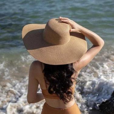 Imagem de Chapéu Floppy Caramelo Palha Sintética Aba Longa Ondulada Feminino - N
