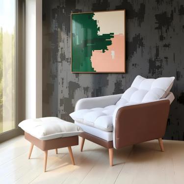 Imagem de Poltrona Reclinável 3 Posições Com Puff Roma Em Linho Premium Bege Caramelo Com Puff Roma