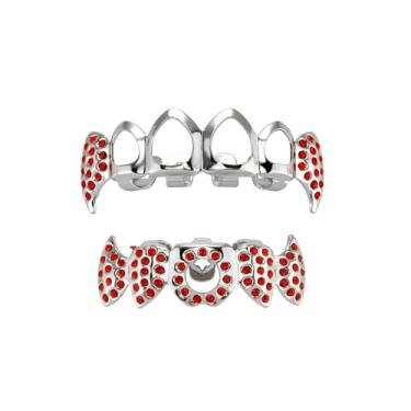 Imagem de YOSZO Vampire Teeth Fang Grillz Aparelhos ocos para dentes afiados banhados a ouro 14K Presas Hip Hop com dentes superiores e inferiores para homens e mulheres (prata), Medium, Pedra preciosa