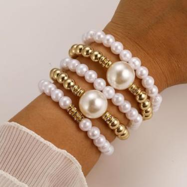 Imagem de Pulseiras de pérolas femininas modernas com contas elásticas e elásticas, acessórios modernos, conjunto de joias, presentes, One Size, liga metálica, Sem Pedra Preciosa