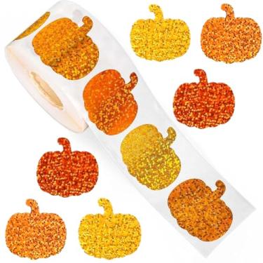 Imagem de 500 peças adesivos de abóbora de Halloween 2,54 cm adesivos holográficos à prova d'água em forma de abóbora a laser 3 cores laranja brilhantes rolo de adesivos para decoração de envelopes de festa de
