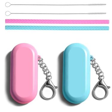 Imagem de Conjunto de 2 canudos de silicone com estojo, canudos portáteis reutilizáveis, canudos dobráveis com escova de limpeza e estojo de transporte, chaveiro para viagem, festa, navio de cruzeiro