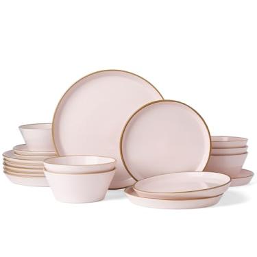 Imagem de Famiware Conjunto de pratos e tigelas Saturn para 6 (18 peças), conjunto de louça de grés com acabamento pintado à mão – resistente a lascas e arranhões, seguro para micro-ondas e lava-louças, rosa