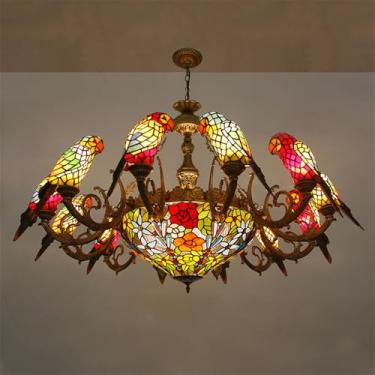 Imagem de Lustre contemporâneo de papagaio em estilo americano de luxo para sala de estar, restaurante, quarto, villa, hotel, café, bar, karaokê ou clube. Luminária pendente de vidro colorido com LED