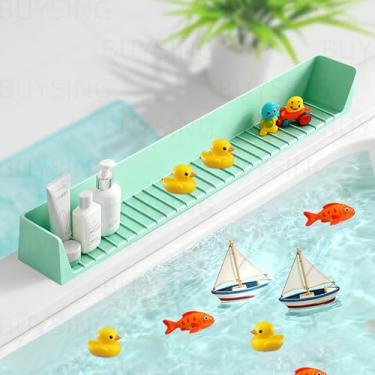 Imagem de Protetor contra respingos de banheira para banheira de 80 cm e 11 ventosas, protetor de respingos de água de silicone alongado, armazenamento de suporte de brinquedo, prateleira de brincar de banheira