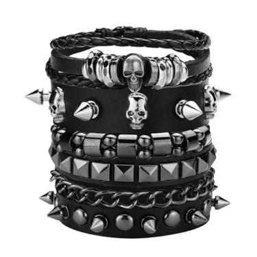 Imagem de Ulekuke 4 pulseiras punk para homens e mulheres, conjunto de pulseiras de couro cravejado, acessórios de joias de rock gótico para roupa dos anos 80, fantasia de Emo Rocker, One size, Sem Pedra