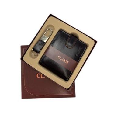 Imagem de Kit Classe Couro Carteira Chaveiro Social Porta Cartão Botão 173-1 Preto-Feminino