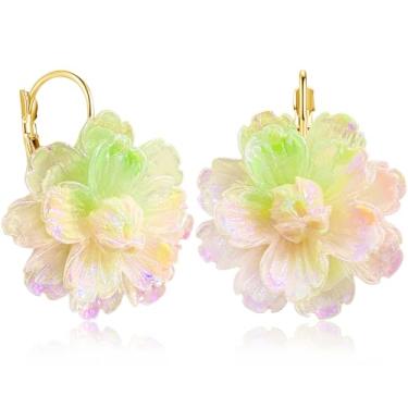 Imagem de unixmoment Brincos femininos boêmios feitos à mão com pingente de camélia floral e flor de resina colorida, Large, Resina, Sem pedra preciosa